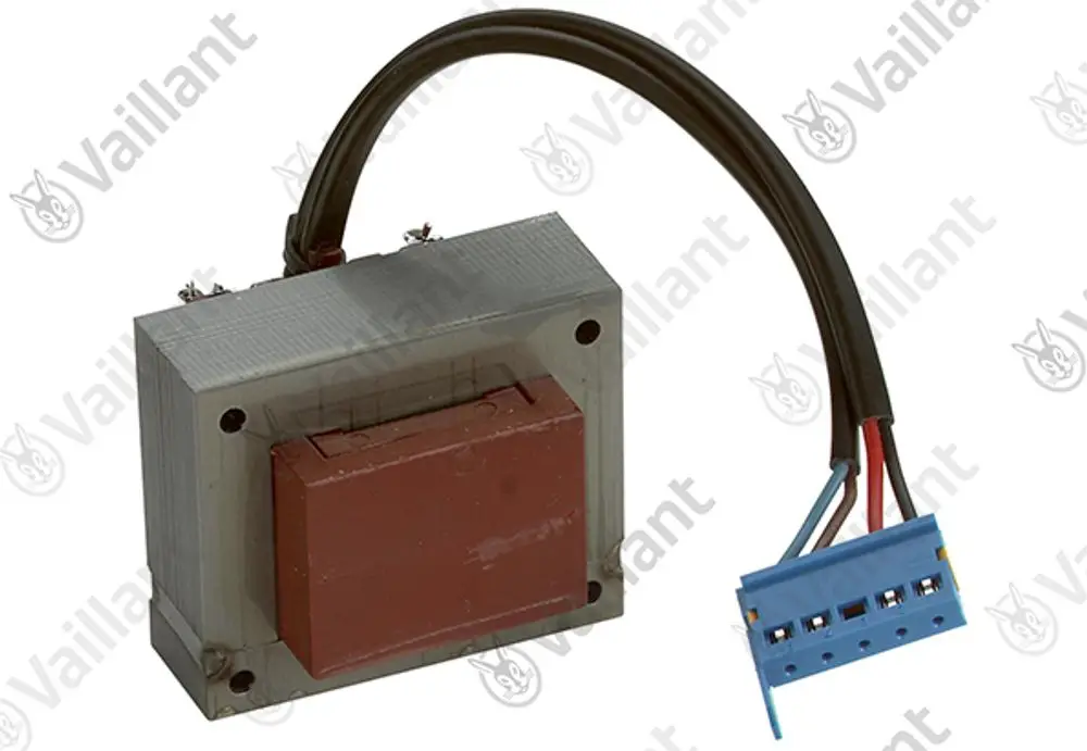 Vaillant Transformator mit rotem Gehäuse und Kabeln, ausgestattet mit einem blauen Anschlussstecker. Ideal für elektrische Installationen in Heizsystemen.